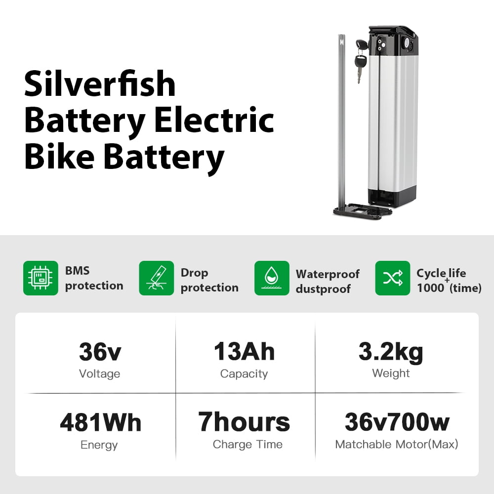 Yose Power 36V13Ah Ebike Battery with Charger,Silver Fish Lithium-ion Battery with Charger for 250W/350W/500W,Electric Bike Bicycles Folding Bike Mountain Bike Pedelec bike