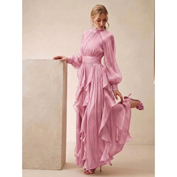 Womens Pink Elegant High Neck Long Sleeve Pleated Maxi Dress With Ruched