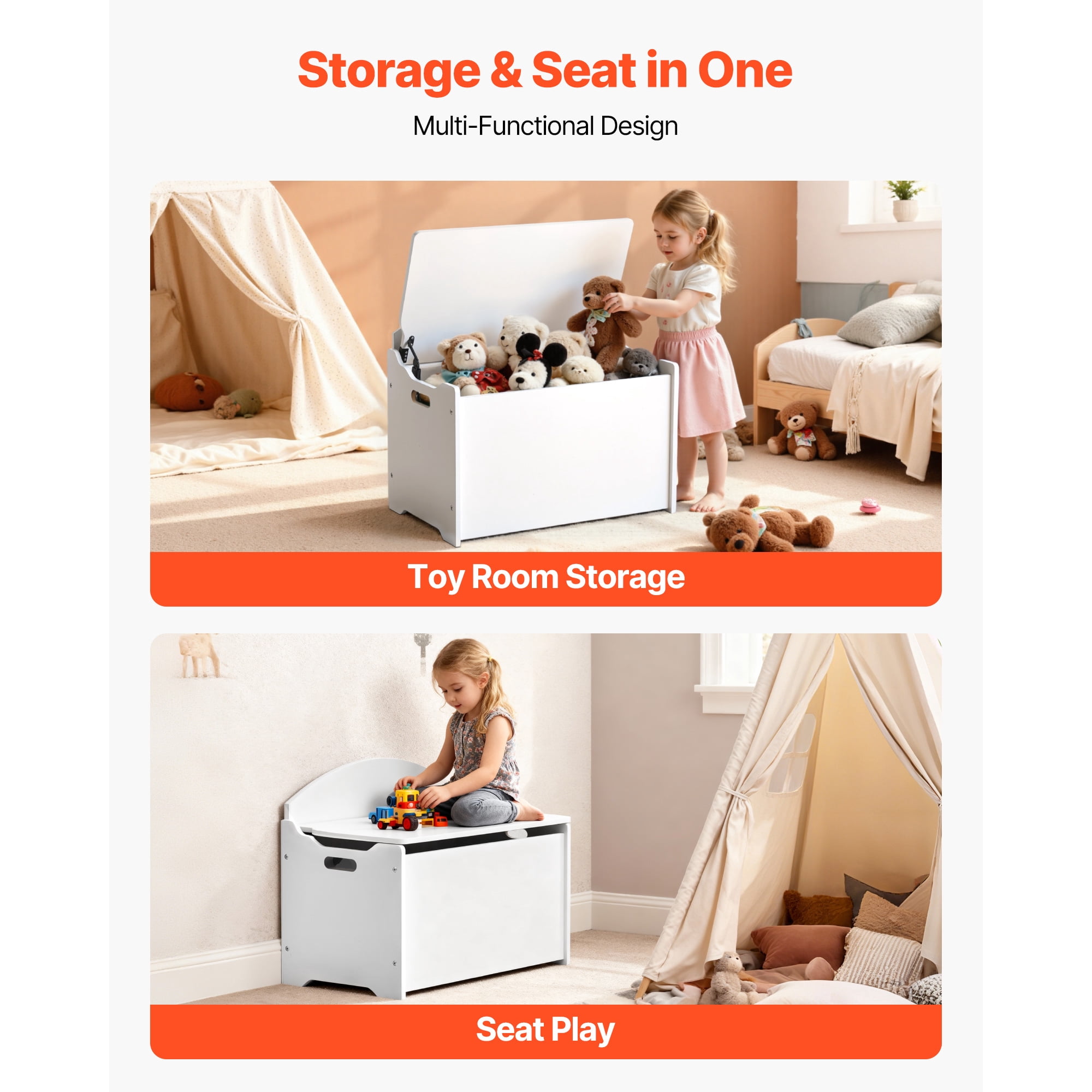KFFKFF Kids Wooden Storage Bench with Backrest, Spacious Toy Chest with Safety Hinge, Multifunctional Storage Cabinet for Playroom, Living Room, or Entryway, 23.5 x 14.5 x 21.46 in, White