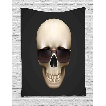 Skull Tapestry, Halloween Themed Bones Design with Glasses Cool Teenage Motif Print, Wall Hanging for Bedroom Living Room Dorm Decor, Black White and Eggplant, by
