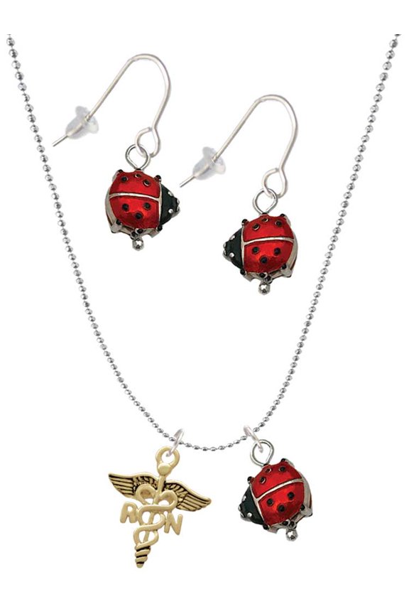 Goldtone Registered Nurse Caduceus Red Lucky Ladybug Necklace and Dangle Earrings Set