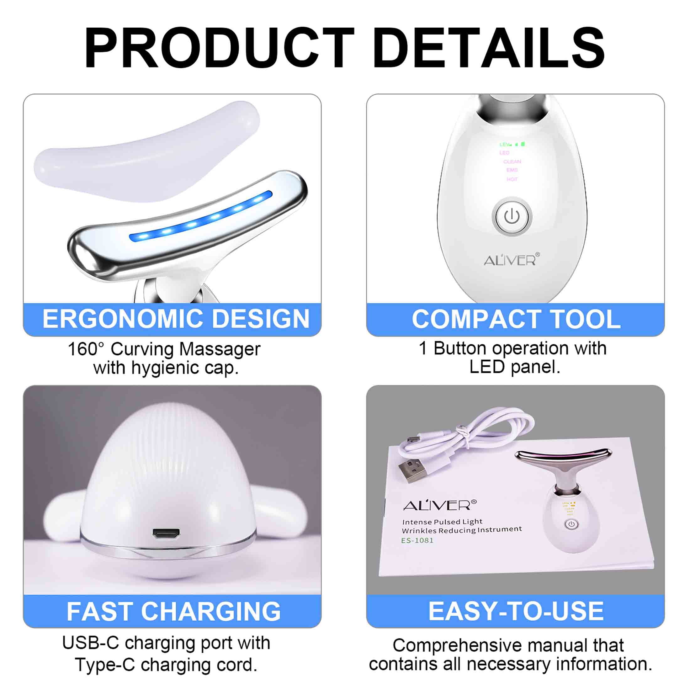 Aliver Red Light Massager for Face,Multi Color LED, Firm, Lift, And Rejuvenate the Skin,USB Charging(White)