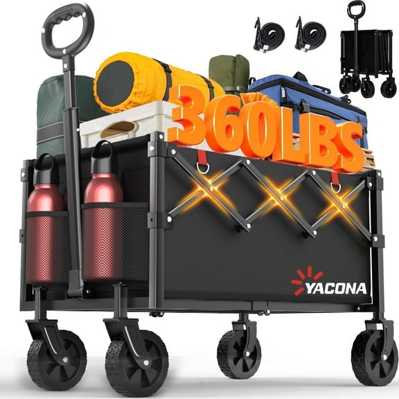 Yacona Wagon Cart Foldable, Portable Utility Shopping Cart with Wheels, Heavy Duty Grocery Cart for Beach, Outdoor Camping, Garden, Sports, Black