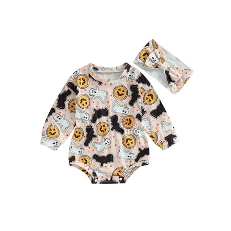 

Qtinghua 2Pcs Newborn Baby Girls Halloween Outfits Long Sleeve Pumpkin Ghost Print Romper with Headband Fall Clothes Apricot Pink 12-18 Months