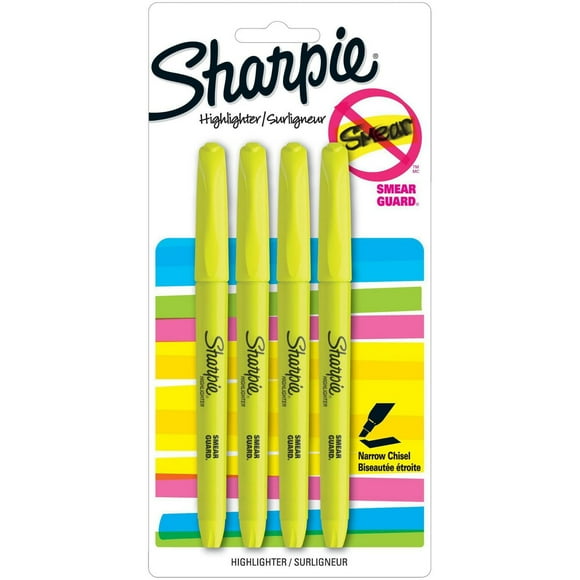 Surligneurs de poche Sharpie, pointe biseautée fine, jaune 4 unités