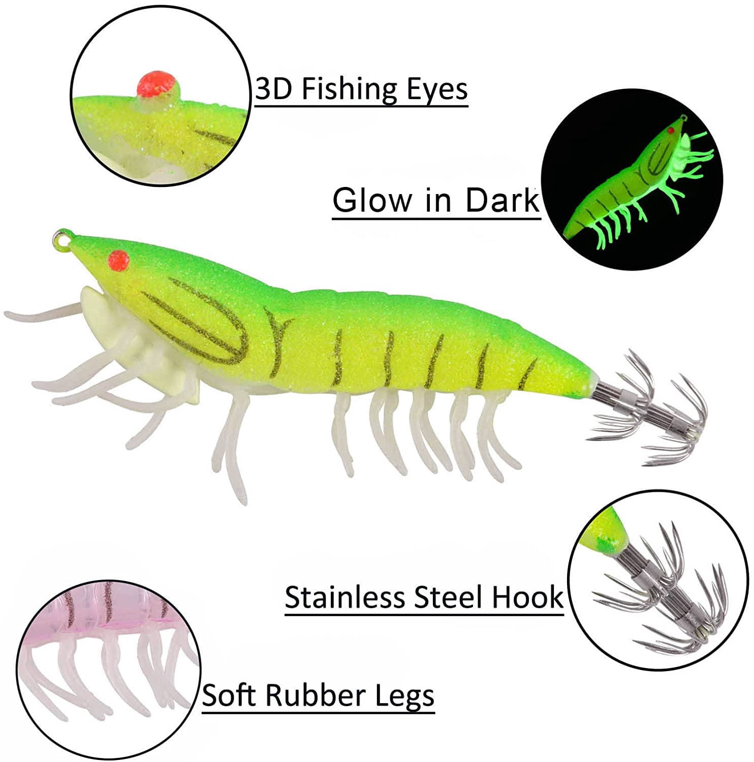 Luminous Shrimps Fishing Jig Hooks Saltwater Lure, 8pcs Plastic Glow Baits Artificial Fishing Lure Set Octopus Cuttlefish