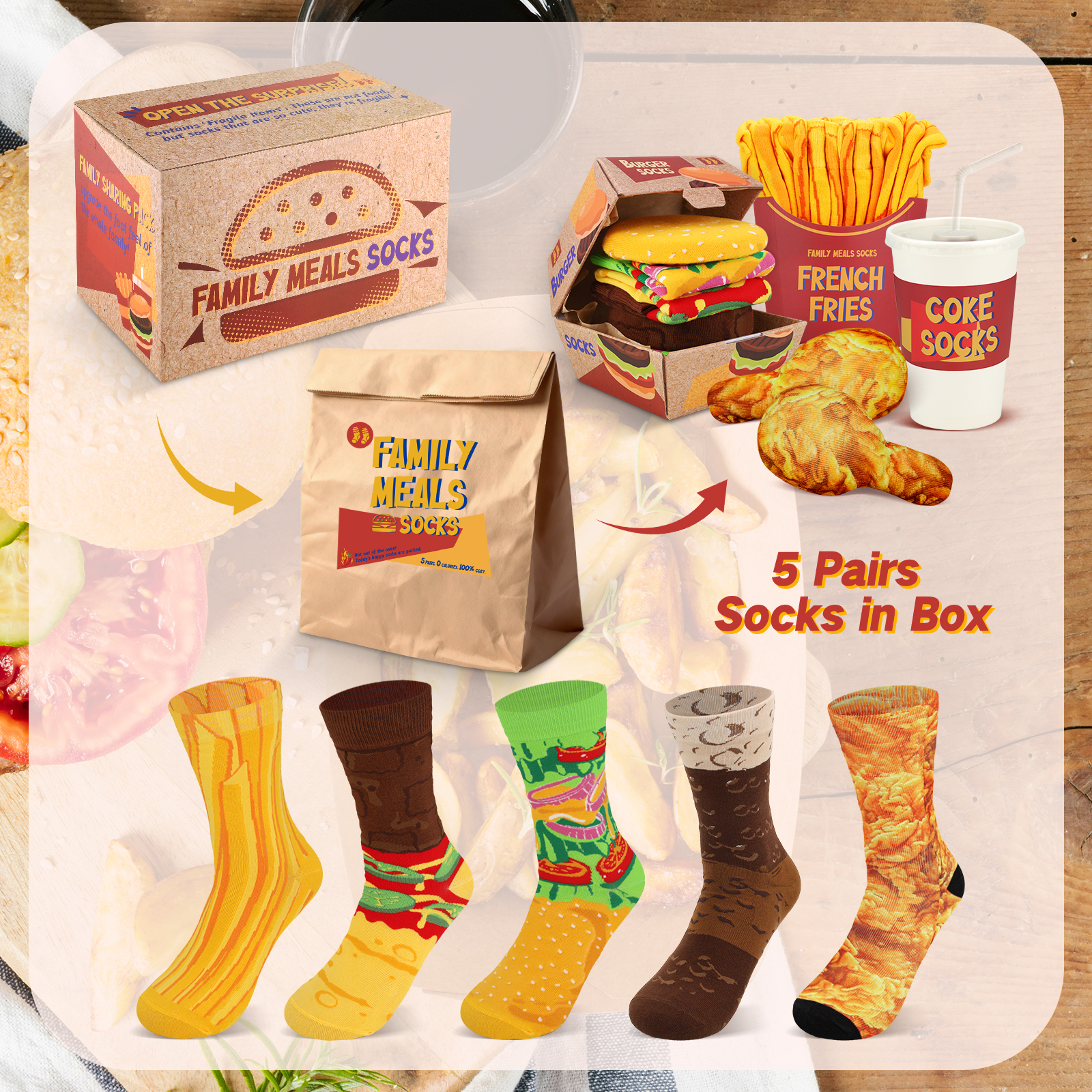 Funny Fast Food Socks Gift Set with Takeout Bag - FAMILY MEAL Novelty Crazy Cool Crazy Socks for Men Women Teen Boys -Fathers Valentines Birthday Christmas Fun Gifts Stocking Stuffers 5 Pairs