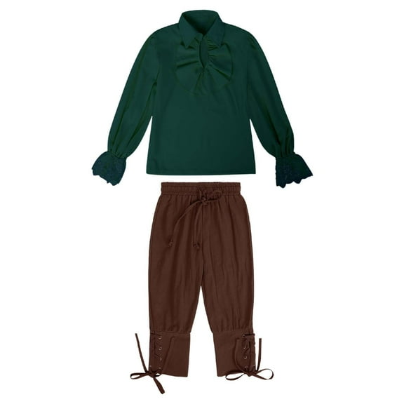 DHFJKG Children's Halloween Pirate Outfit Solid Color Long Sleeve Lantern Sleeve Turndown Collar Shirt Ankle Banded Pants For Halloween Dress Up Boys Girls Comfort Sets