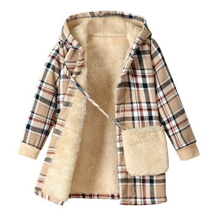 Annhoo Toddler Girl s Winter Fleece Lined Jackets Trendy Long Sleeve Plaid Hoodies Button Front Coats with Crossbody Bag