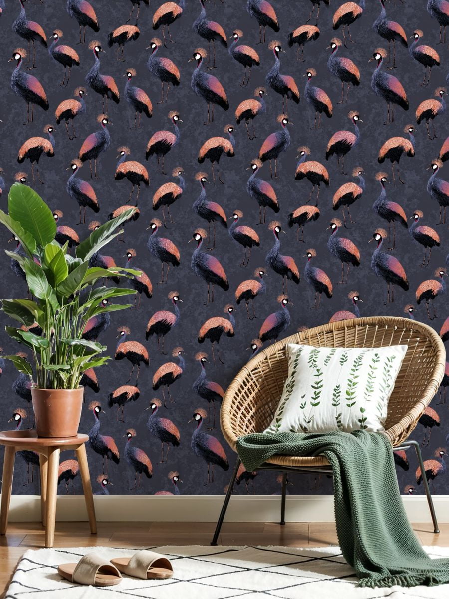 Peel and Stick Wallpaper Tropical Black Crowned Crane Coral Black Wall Mural 17.7in x 9.8ft Self Adhesive Removable Wall Paper Renter Friendly Wallpaper for Nursery Bedroom Cabinets