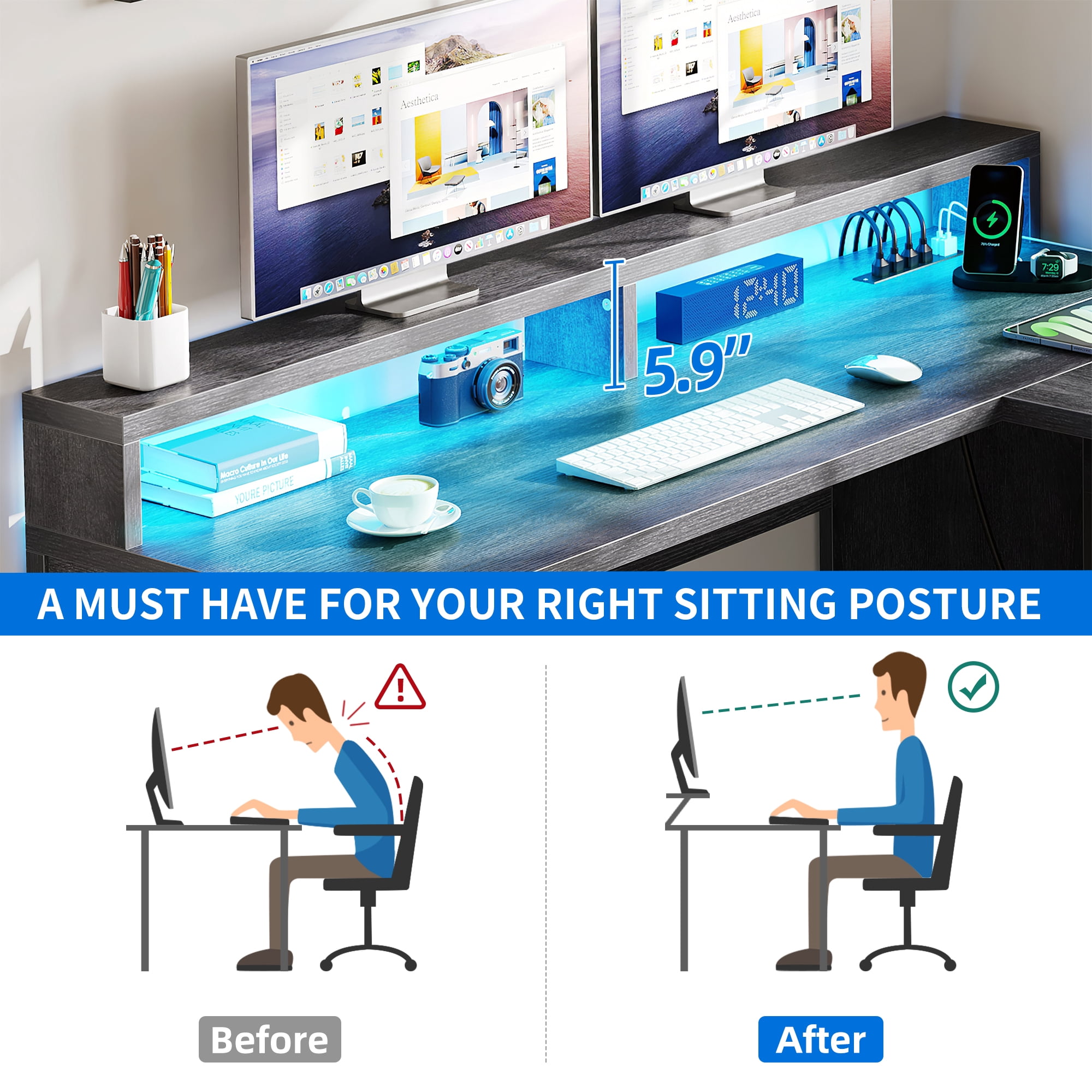 Dextrus L Shaped Desk with File Drawer , L Shaped Computer Desk with Power Outlets & LED Lights, Corner Desk Game Desk with Monitor Stand & Storage Shelves, Gray