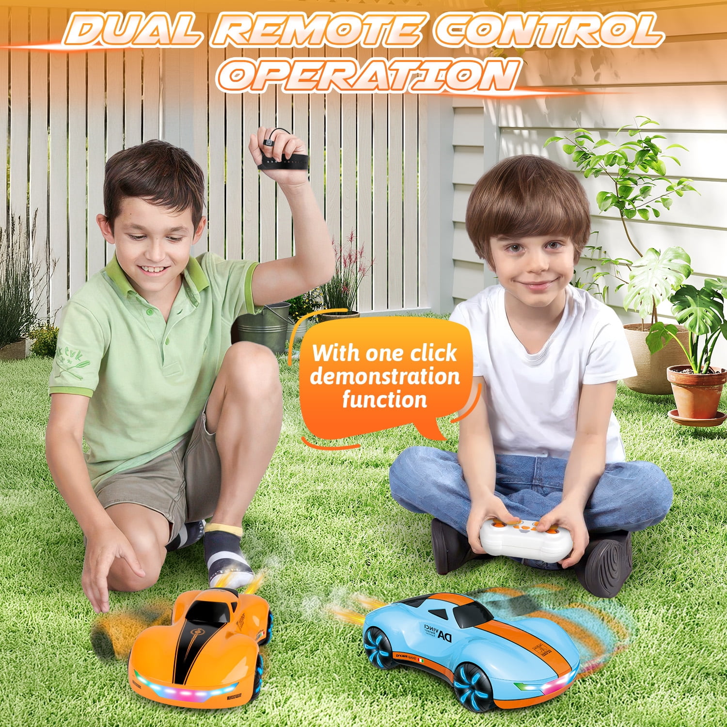 Huge Wave RC Cars for Aged 4-12 Boys , Rechargeable Remote Control Stunt Car, 360° Rotate, Cool Light & Dual Spray, Christmas Birthday Toy Gifts for Kids, Orange
