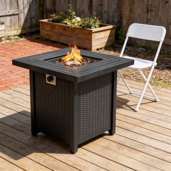 28-inch Black Iron Square Propane Fire Pit Table - 50,000 BTU, Adjustable Flame, Waterproof Cover for Patios