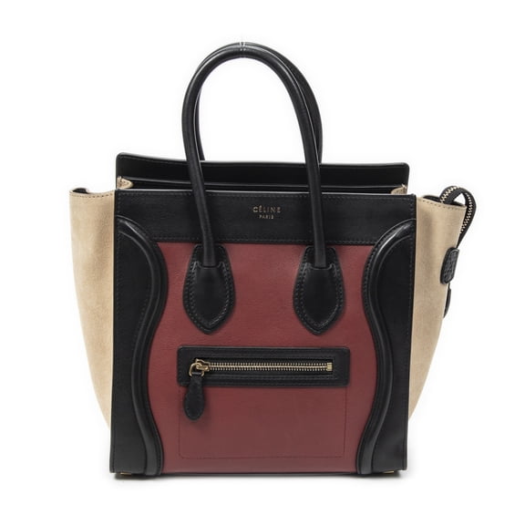Pre-Owned Celine Black/Maroon/Beige Micro Tricolor Luggage Shoulder Bag Calfskin Leather
