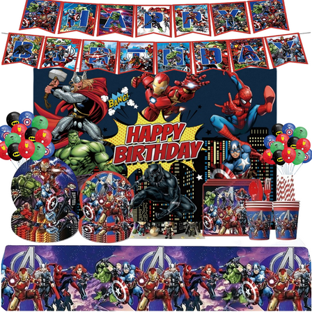 Avenger Theme Party Decorations Tableware Set , 125PCS Avenger Birthday Plates and Cups Napkins Tablecloth Avenger Birthday Decorations Tableware