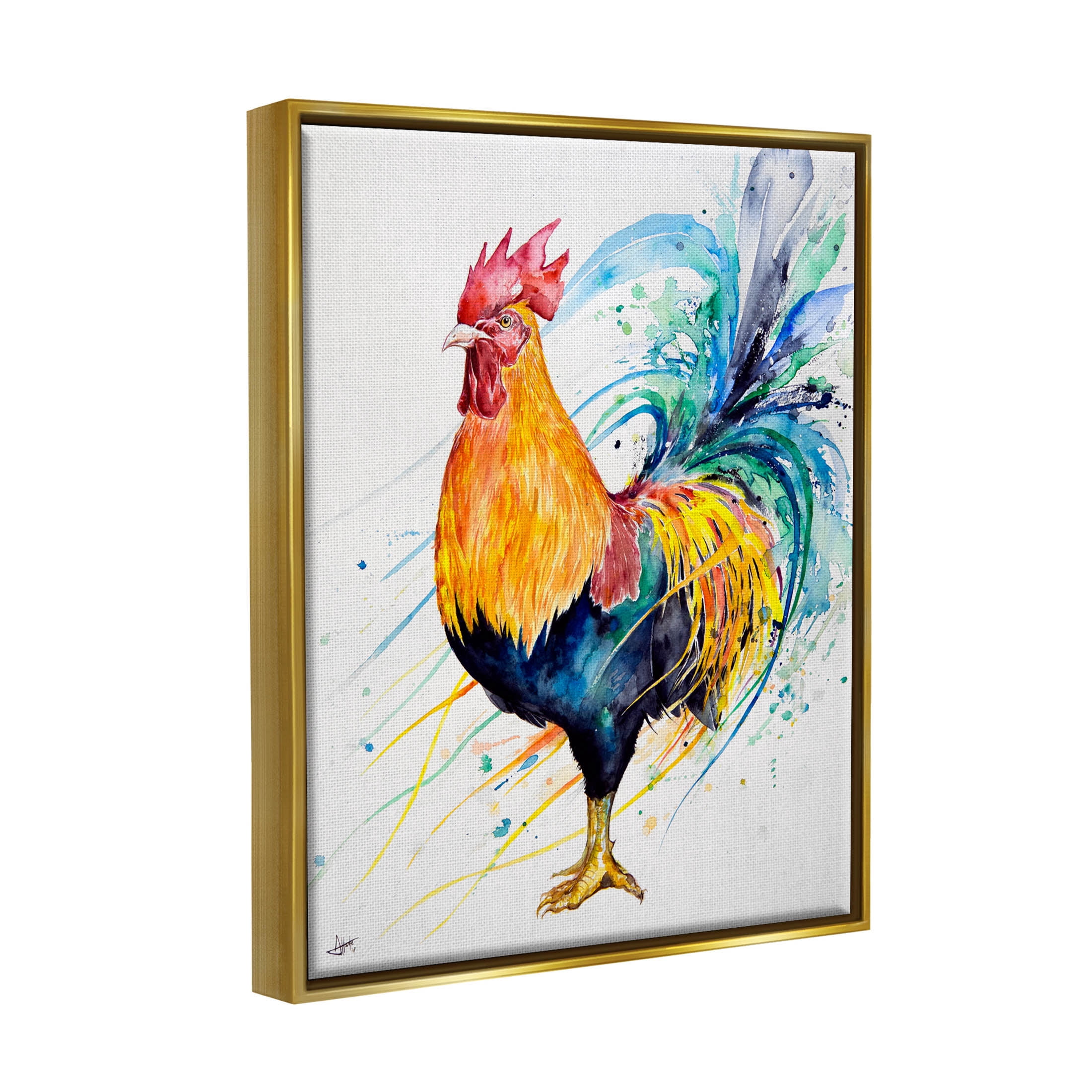 Modern Rooster Rainbow Splatter Animals & Insects Graphic Art Metallic Gold Framed Art Print Wall Art
