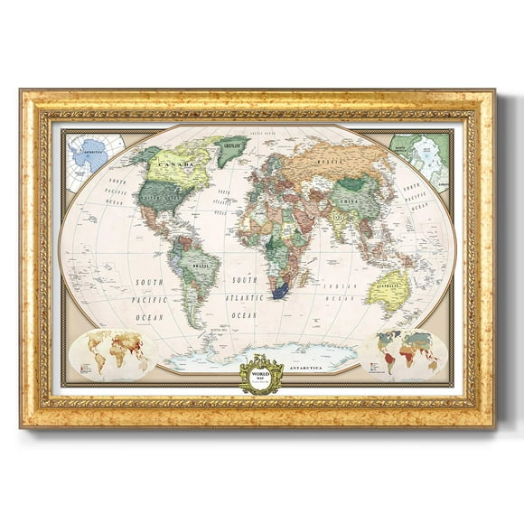 Renditions Gallery Colorful World Map Canvas Wall Art with Vintage Gold Frame Wall Hanging Travel Map with Push Pins for Home, Office, Classroom