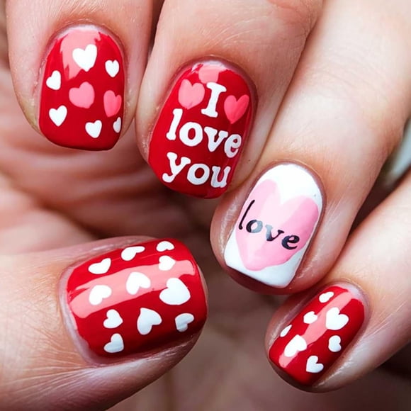 Uñas postizas press on ZASKHLD 24 piezas con corazón de San Valentín, acrílicas