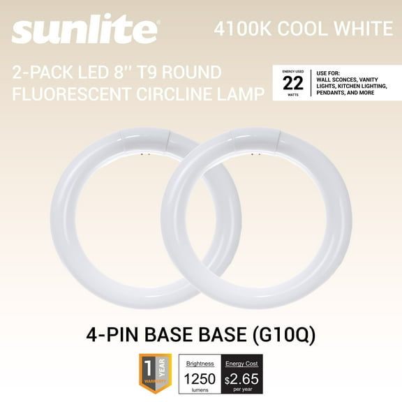 Sunlite 41917 FC8T9/CW 8-Inch T9 Round Fluorescent Circline Lamp, 22 Watts, 1250 Lumens, 4100K Cool White, G10Q 4-Pin Base, 2 Pack