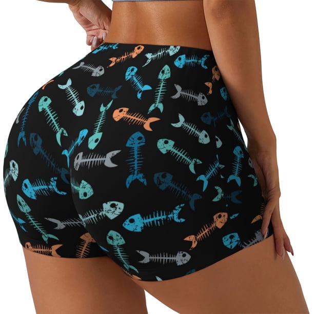 Balery Little Fish Skeleton Pantalones cortos de entrenamiento estampados para mujer, sin costuras, ajustados, para gimnasio, yoga, correr, deportes, ejercicio activo, fitness.-Small