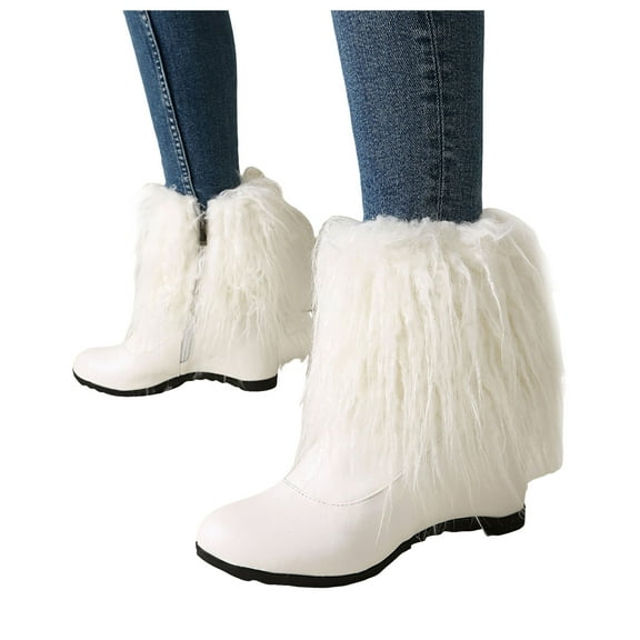 Wedge White Platform Boots for Women Fuzzy Fluffy Mid Calf Snow Boots Leather Fall Booties with Arch Support