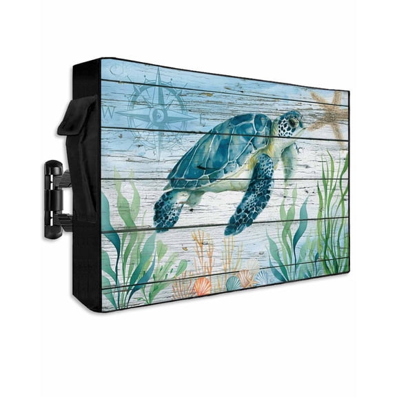 Outdoor TV Cover 30 to 32 Inch Weatherproof, Blue Coastal Nautical Ocean Waterproof TV Screen Protector for Outside Decor with Zipper and Pocket 30"L x 19"H  , Sea Turtle on Wood Texture