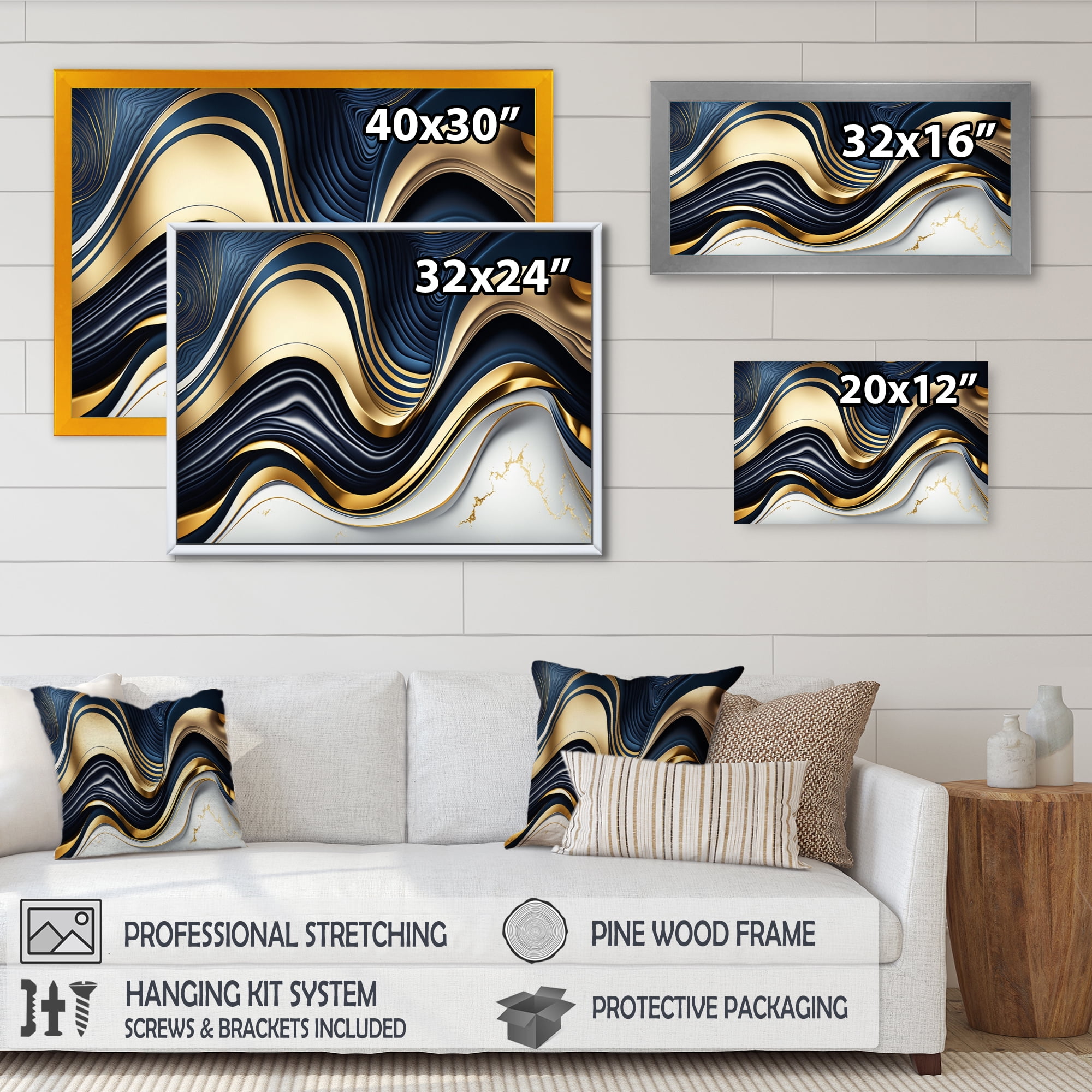 Designart Abstract Geode Waves Blue And Gold IV Canvas Wall Art