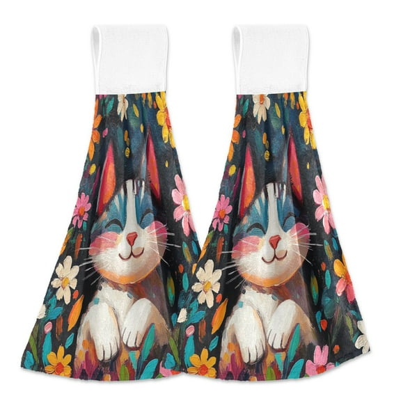 BZSMCE Hanging Hand Towels Fashion Colorful Cat Surrounded by Flowers Pattern 2-Pack - Velcro Style Bathroom Kitchen Towels