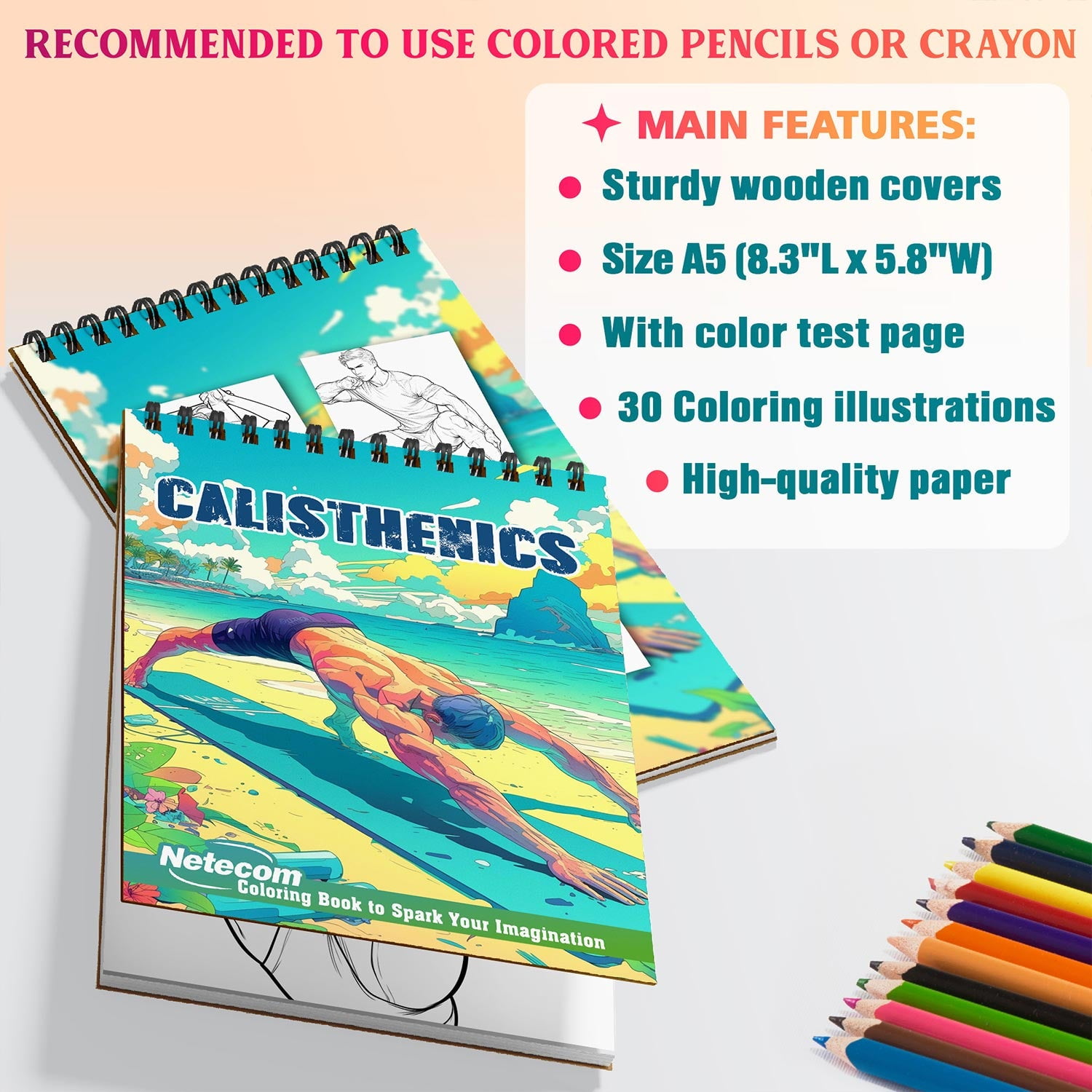 Netecom Calisthenics Coloring Book, A5 Wooden Cover, Spiral Bound, 30 Dynamic Coloring Pages of Gymnastics Activities for Stress Relief and Relaxation