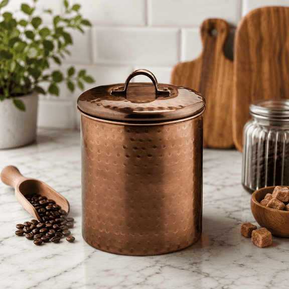 Stainless Steel Kitchen Canister | Hammered Antique Copper Finish | Beautiful Food Storage Container for Kitchen Counter, Tea, Sugar, Coffee, Caddy, Flour Canister with Rubber Seal Lid | 1 QT