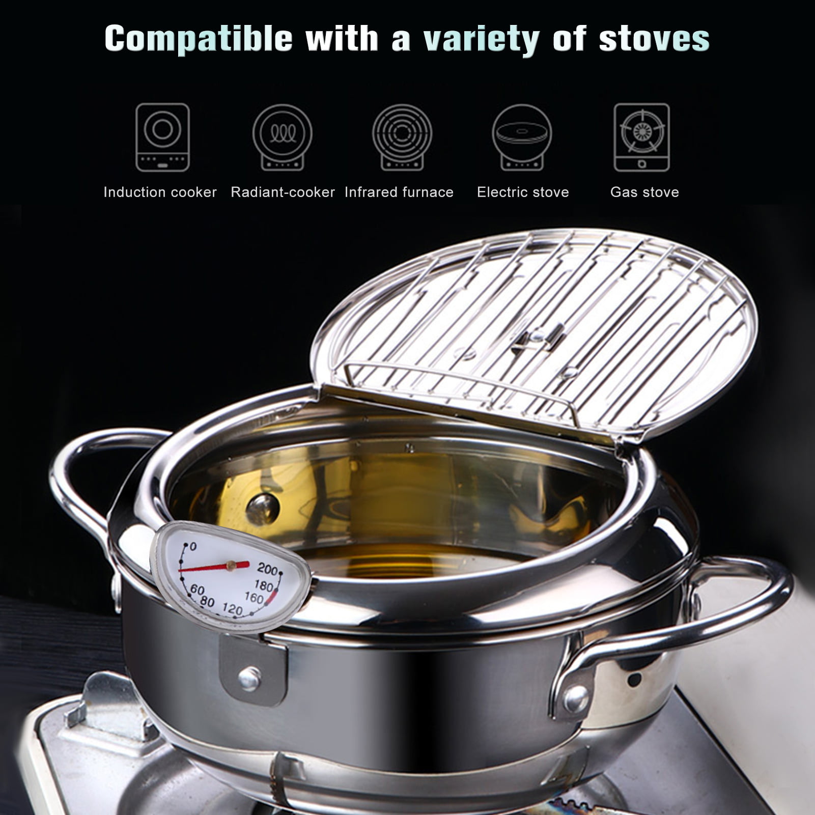 Deep Fryer Pot, Tempura Frying Pan, Stove Top, 9” x 5.5”, 114 Oz (3.6 Qt),  304 Stainless Steel, Flat Bottom, w/Lid & Temperature Control Thermometer