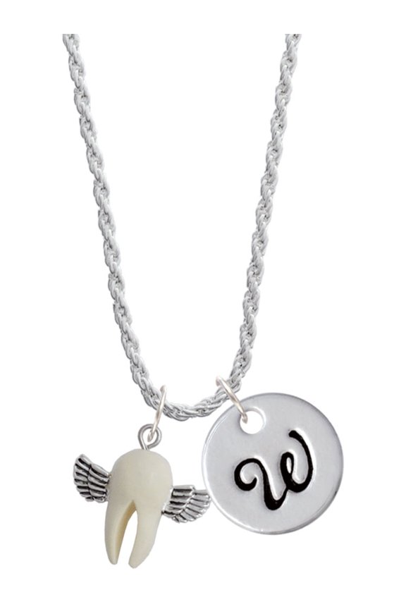 White Tooth with Wings - Tooth Fairy Silvertone Script Initial Disc - W - Charm Necklace, 20"+3"