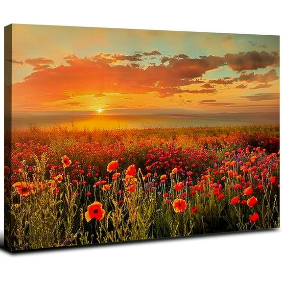 ONETECH Red Poppy Abstract Flowers Wall Art Painting Canvas Yellow Grey Red Poppy Flowers Sunset Scenery Landscape Flower Picture Wall Decor for Living Room Framed Ready to Hang 20x16inch
