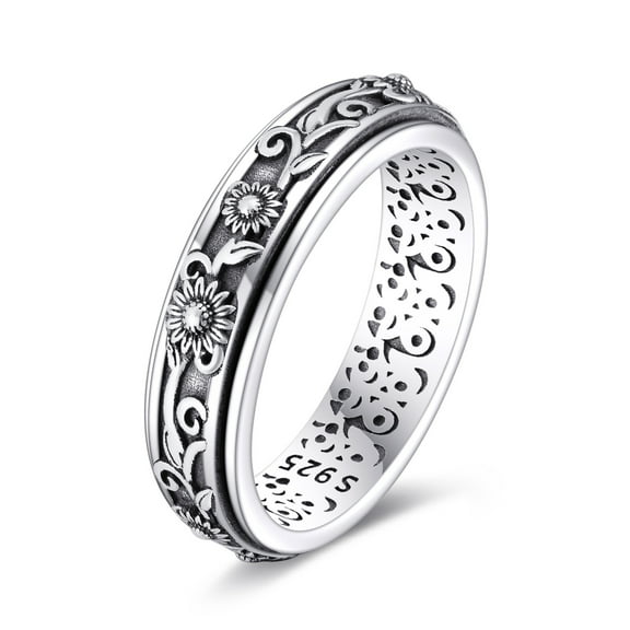 JUSORA Sunflower Fidget Ring 925 Sterling Silver Sunflower Spinner Ring for Women Anxiety Rings Sunflower Spinning Ring Fidget Jewelry Gifts for Women Size 7
