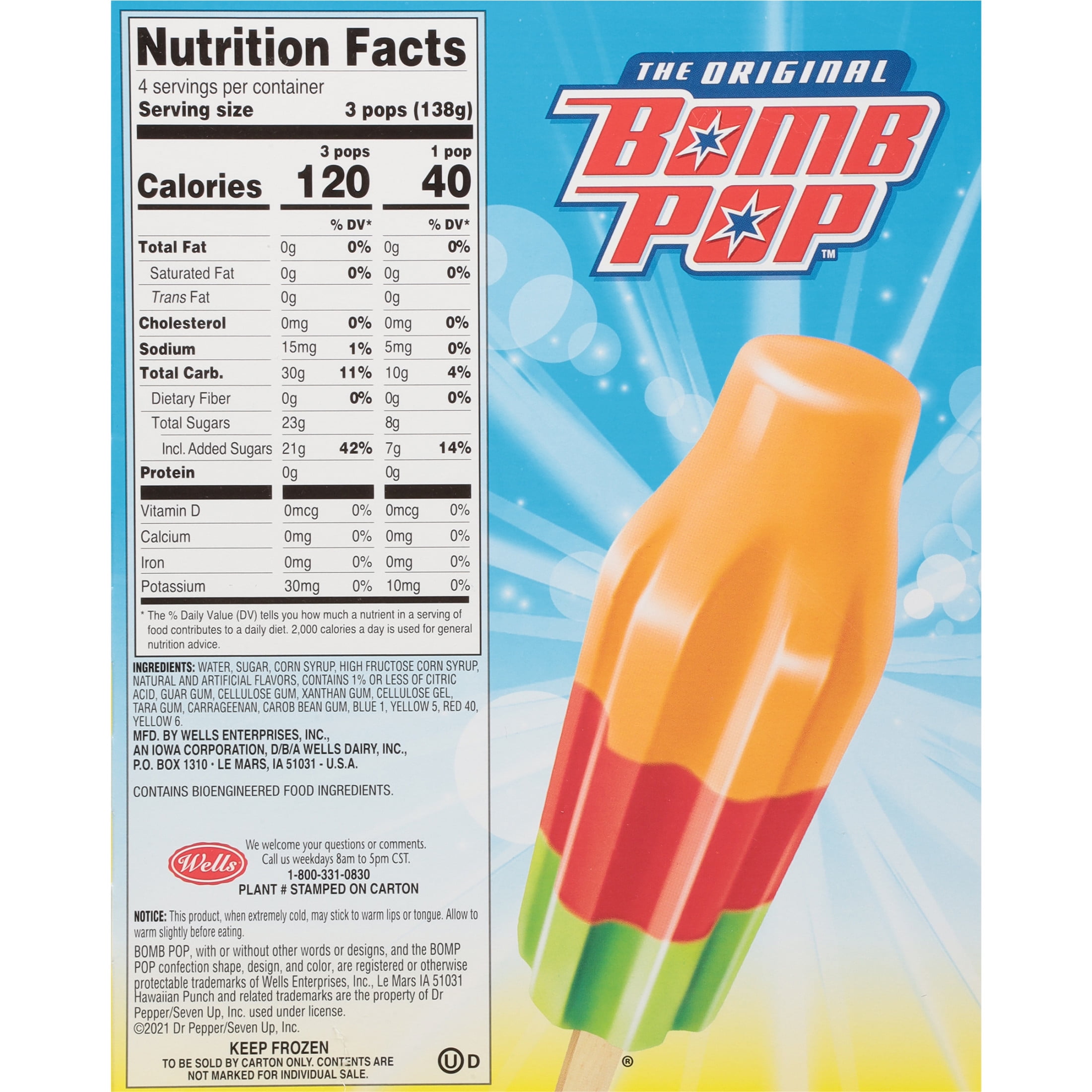 Bomb Pop Hawaiian Punch Freeze Ice Pop, Frozen Freezer Dessert, 12 Pack