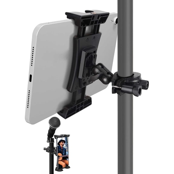Tablet Holder for Mic Stand, iPad Holder Stand Adjustable Micophone Music Stand Mount Rotatable Phone Holder Compatible with iPad Pro Air Mini iPhone, All Smartphone 4-13.5 inch