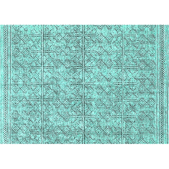 Ahgly Company Machine Washable Indoor Rectangle Oriental Turquoise Blue Industrial Area Rugs, 4' x 6'