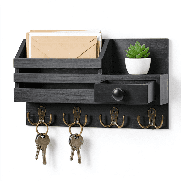 Key Holder Wall Mount, Wooden Mail and Key Organizer with Drawer, Small Shelf, 8 Hooks, 2 Installation Methods, Black