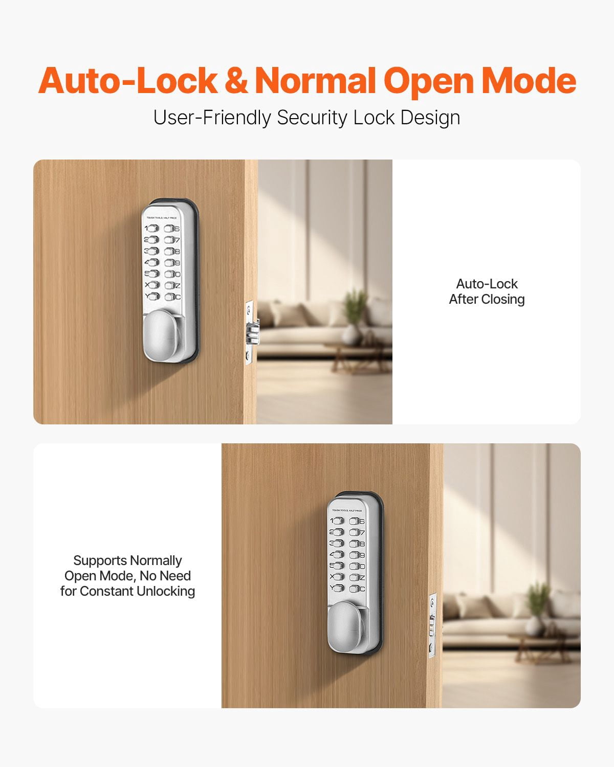 Mechanical Combination Door Lock, Keyless Entry with Adjustable Handles, Surface Mount 1.4-2.5 Inch Door Compatibility, Zinc Alloy, No Batteries for Gate Garden Garage