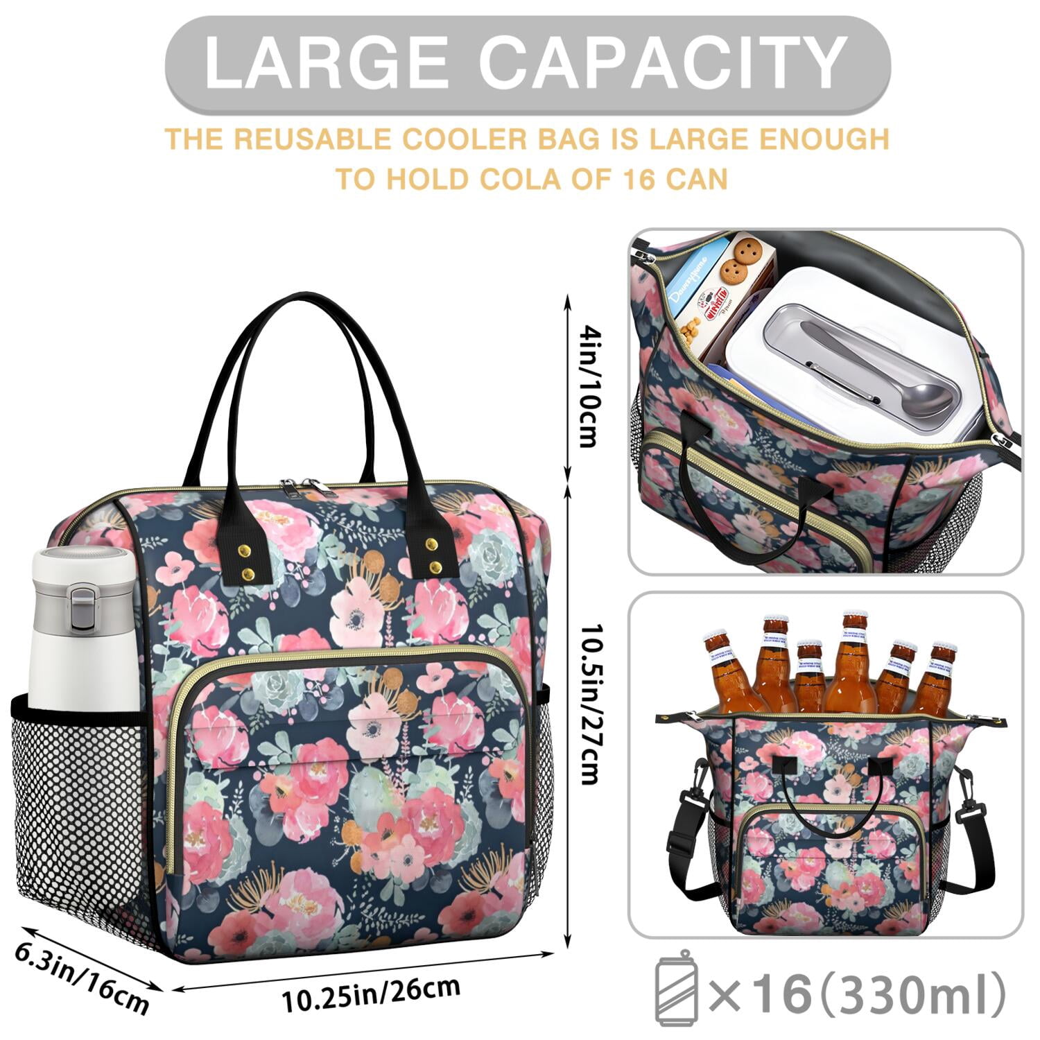 Pioneer Flower Floral Print Pattern Womens Lunch Box for Work,Insulated Large Lunch Bag for Tween and Teen,Loncheras Para Mujer,Leakproof Adult Lunch Bag for Work,Beach,Travel,Picnic,Camping