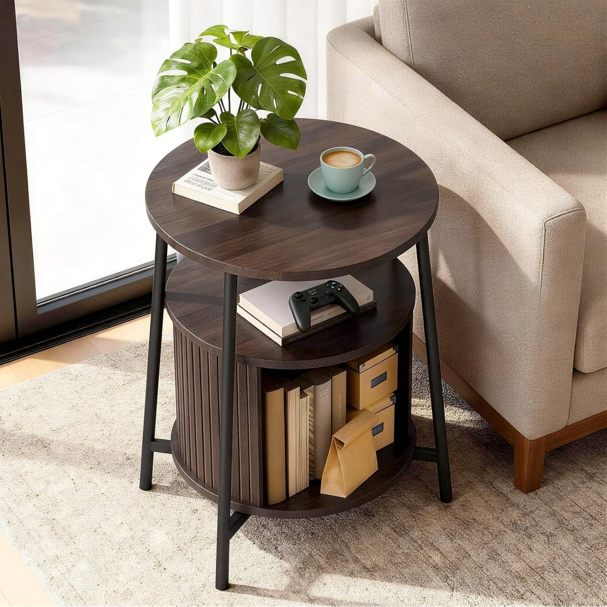 Round End Table with Charging Station, Fluted Side Table with Sliding Door, Mid Century Modern Nightstand for Bedroom & Living Room, Coffee