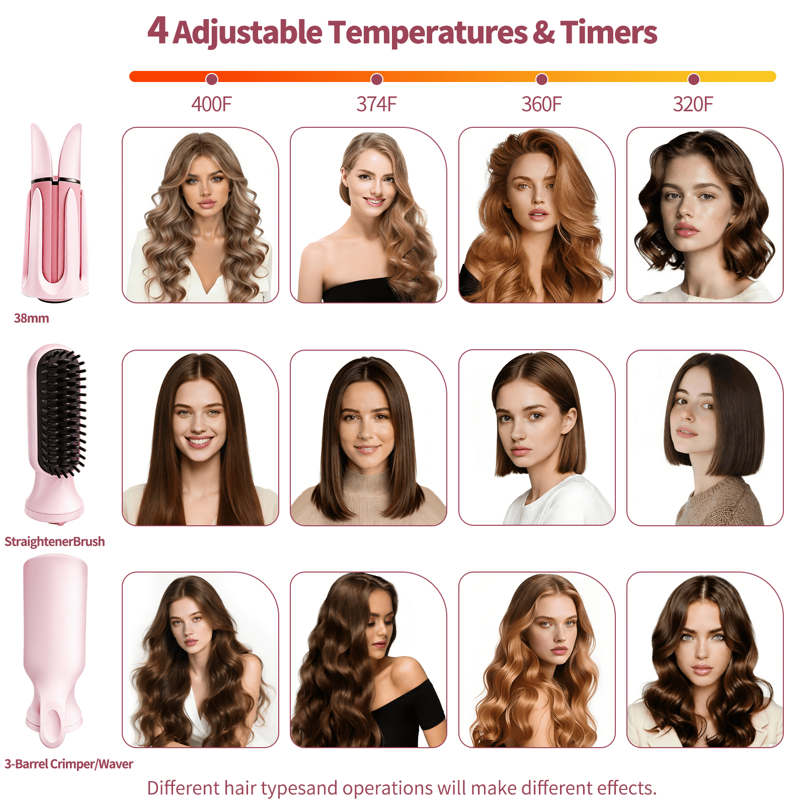 3-in-1 Auto Rotating Curling Iron with Waver & Straightener Brush, Anti-Scald Hair Styler Pink