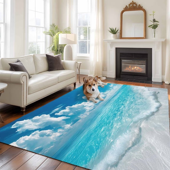 Summer Ocean Large Area Rugs 8x10 ft Seascape Blue Coastal Wave Green Tropical Pain Trees Washable Rug Non Slip Indoor Carpet Absorbent Floor Mat for Living Room Bedroom Dining Room