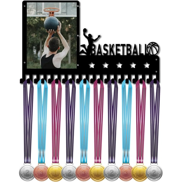 Exhibidor de medallas de baloncesto con marco para fotos, soporte de pared metálico para medallas deportivas, premios para atletas, con 20 ganchos.