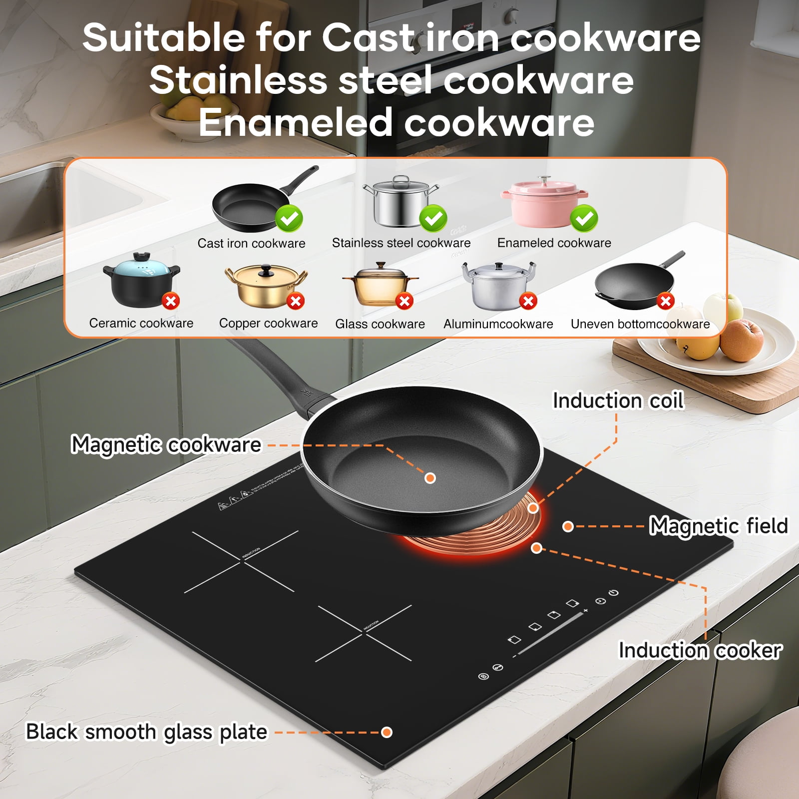 VoltCuisine Induction Cooktop 3 Burner, Shatter-proof Flat Glass Top, 9 Heat Settings, LED Touch Display with Child Safety Lock & Overheat Protection