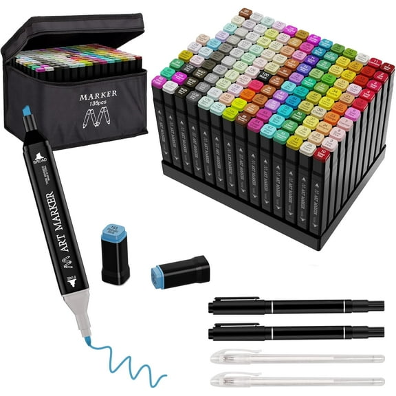 Banral Dual Tip Alcohol Illustration Markers for Adult Coloring,  Permanent Graffiti Marker with Case and Holders for Sketching,Drawing,Coloring 136 PCS