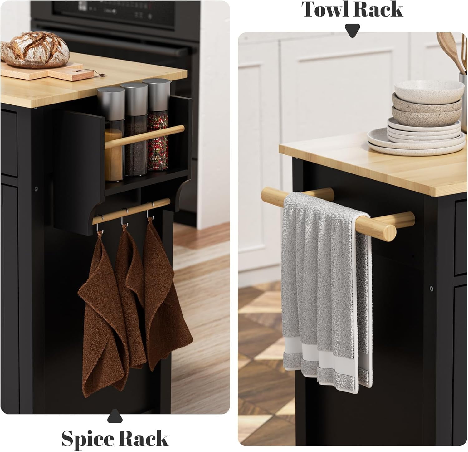 ZIVACATE Kitchen Island Cart with Solid Wood Top Mobile Carts Portable Islands on Wheels, Black