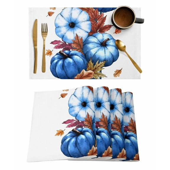 Blue Pumpkin Placemats Set of 2 Fall Thanksgiving Watercolor Maple Leaf Heat Insulation Washable Place Mats, Rustic Non-Slip Table Mats for Dining Table Party Kitchen Decor,13x19 Inch