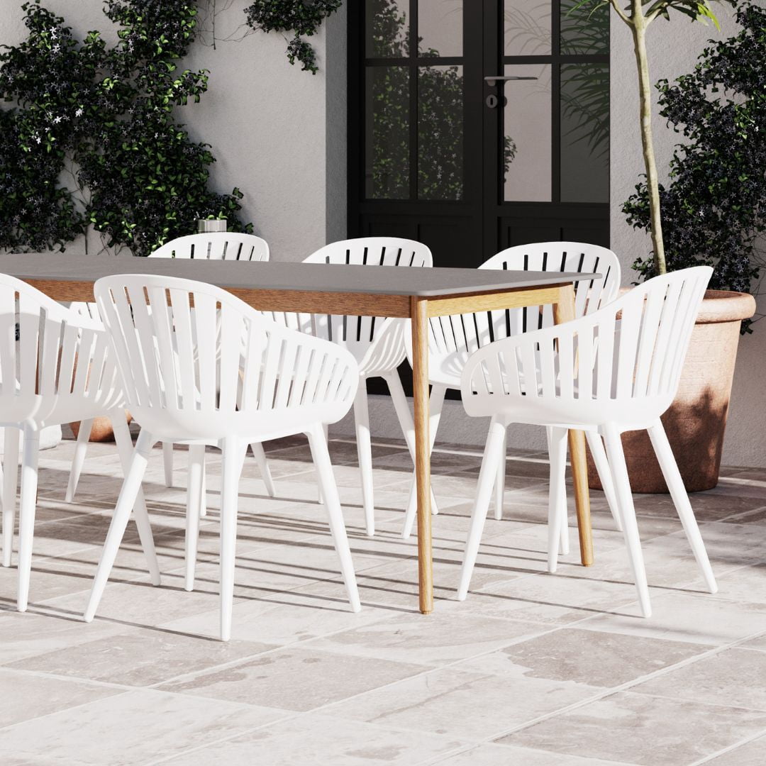 Amazonia Morro 9-Piece Patio Dining Table Set | Eucalyptus Wood & Aluminium | Ideal for Outdoors and Indoors, White