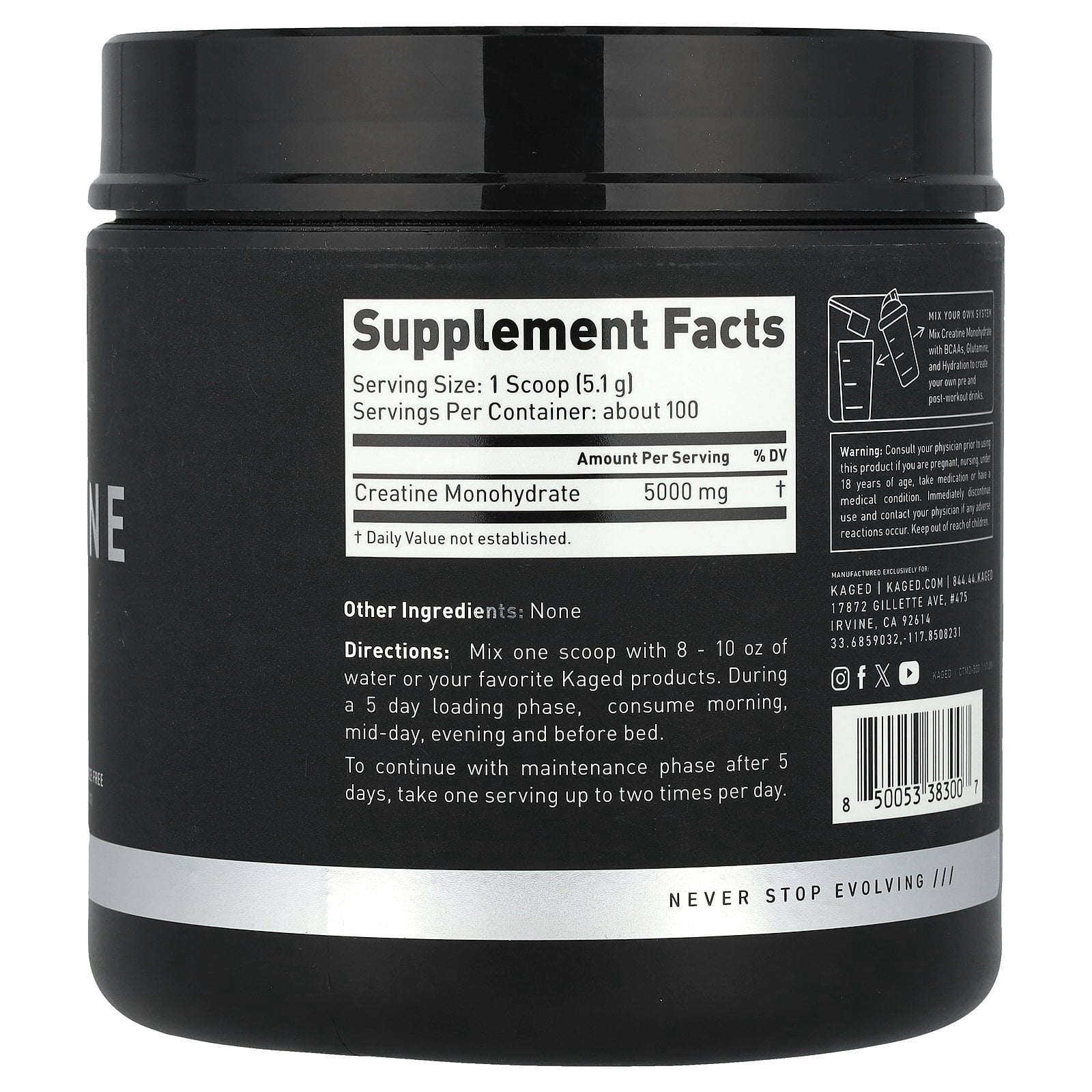 Kaged Creatine Monohydrate, Unflavored, 1.12 lb (510 g)